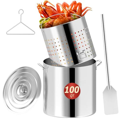 100QT Seafood Boil Pot with Detachable Paddle, Stainless Steel Stock Pot | Crawfish Boil Pot with 80QT Basket, Lid & Lifting Hook, Perfect for Outdoor Crab, Lobster & Shrimp Boils - style: 100QT+Mixing Paddle