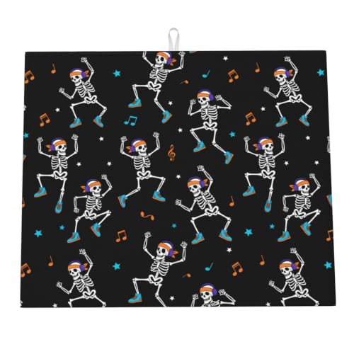 Dancing Skeletons Star Musical Notes Dish Drying Mats for Kitchen Counter, Super Absorbent Microfiber Drainer Pad, Washable Reversible Appliance Protector, Kitchen Must-Have, 16x18 Inch - color: Dancing Skeletons Star Musical Notes