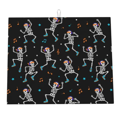Dancing Skeletons Star Musical Notes Dish Drying Mats for Kitchen Counter, Super Absorbent Microfiber Drainer Pad, Washable Reversible Appliance Protector, Kitchen Must-Have, 16x18 Inch - color: Dancing Skeletons Star Musical Notes