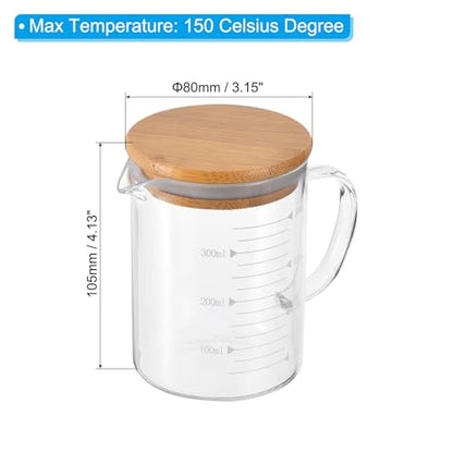 PATIKIL 350ml Glass Measuring Cup, 2 Pack 3.3 Borosilicate Glass Graduated White Printed Scale Liquid Measure Cups Beaker with Wood Lid and V-Shaped Spout for Kitchen - size: 350ml