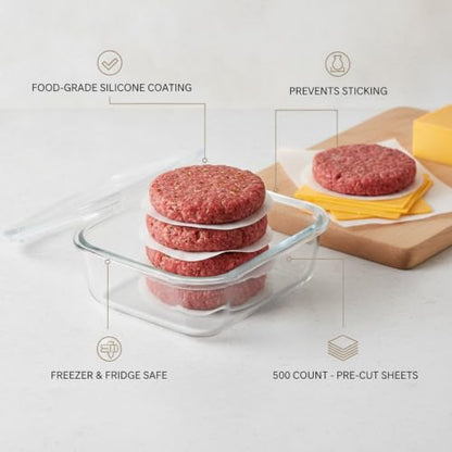 500-Count Pre-Cut Silicone Coated Parchment Sheets, Food Separation Paper for Freezer Storage, Burger Patties, and Cheese - size: 7.87 x 4.33 x 2.36 in