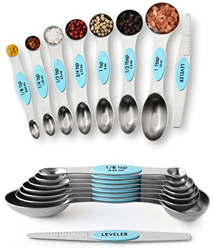 Spring Chef Stainless Steel Magnetic Measuring Spoons Set of 8 with Leveler, Metal Teaspoon & Tablespoon Measuring Spoons with Strong Magnets, Kitchen Gadgets for Baking & Cooking - 2 Pack - Aqua Sky - color: Blue (Aqua Sky), size: 2-Pack