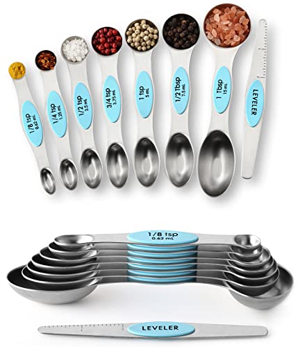 Spring Chef Stainless Steel Magnetic Measuring Spoons Set of 8 with Leveler, Metal Teaspoon & Tablespoon Measuring Spoons with Strong Magnets, Kitchen Gadgets for Baking & Cooking - 2 Pack - Aqua Sky - color: Blue (Aqua Sky), size: 2-Pack