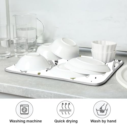Raccoons Tree White Dish Drying Mat for Kitchen Counter Super Absorbent Draining Mat with Non-slip Backed Drainer Mat for Dish Cups Bowl Bottles Countertops Sinks Draining Racks