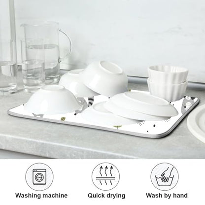 Raccoons Tree White Dish Drying Mat for Kitchen Counter Super Absorbent Draining Mat with Non-slip Backed Drainer Mat for Dish Cups Bowl Bottles Countertops Sinks Draining Racks