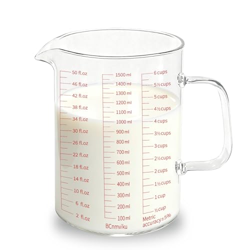 BCnmviku Glass Measuring Cup 6CUPS/1500ML/50OZ High Borosilicate [Insulated Handle | V-Shaped Spout]For Prepping Baking and Cooking Preheated Oven Dishwasher Freezer and Microwave Safe - size: 1500ML