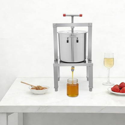 Stainless Steel Manual Fruit and Honey Press, 13.25L Capacity Juicer and Beeswax Extractor, 25.2 Inch Height with T-Handle and Four-Leg Base