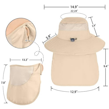 Sun Hats for Men Women Fishing Hat UPF 50+ Breathable Wide Brim Bucket Hats Summer UV Protection Safari Hat with Neck Flap - color: Beige (With Face Cover)