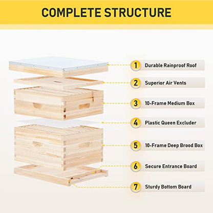 CREWORKS Bee Hive Boxes 10 Frame Langstroth Beehive, Bee Keeping Starter Kit Includes 1 Super Bee Box & 1 Bee Brood Box with Beehive Frames and Foundation, 2 Layers Complete Bee Hive Kit - style: 2 Layer