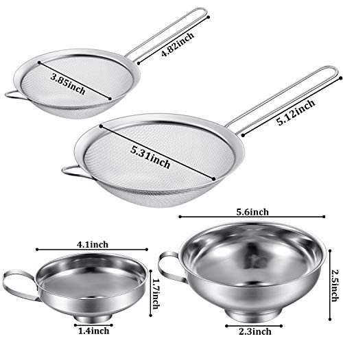 Boao 4 Pcs Stainless Steel Canning Funnels with Fine Mesh Strainer for Narrow Wide Mason Jars Food Grade 1.4 Inch/2.3 Inch Stainless Steel Funnel for Kitchen Use Spices Juices Powder(Silver)