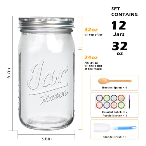 Accguan 32oz Mason Jars with Lids, Wide Mouth Mason Jars,Food Storage Container Excellent Choice for Honey,Drinking,Spice Jars,Canned Goods,DIY Projects,Jam,Wedding Favors,Canning Jars set of 12Pack