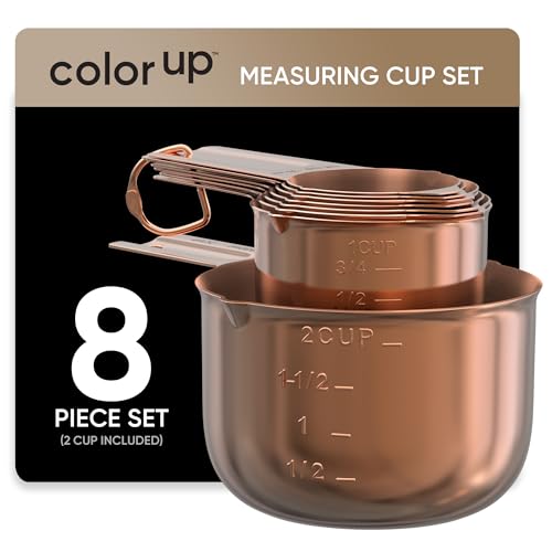 Color Up Measuring Cup Set, 8 Piece – Includes 2 Cup, Copper Finish, Stainless Steel, Accurate for Wet & Dry Ingredients, Embossed Markings, Easy-Pour Spouts, Dishwasher-Safe, Kitchen Essential - color: Copper