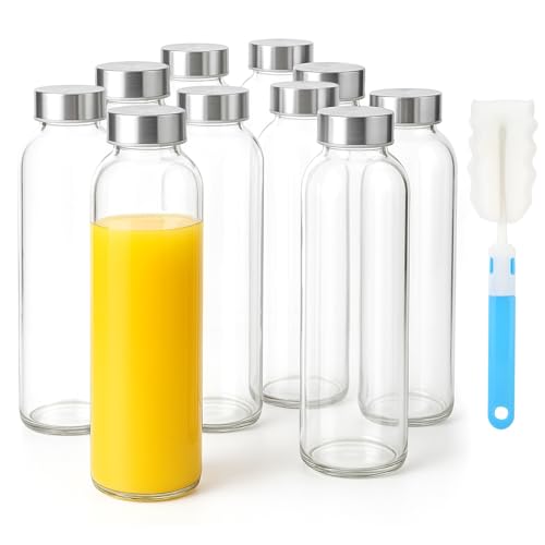 Sursip 24oz Glass Water Bottle Set of 10, Leak Proof Clear glass juice bottle for juicing, Reusable Drinking Bottles with Stainless Steel Lid, Beverage Storage Containers for Refrigerator-BPA Free - color: Clear-10set/24oz, size: 24 Ounces