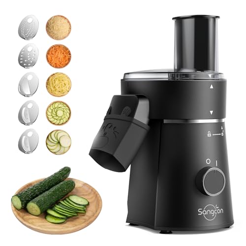 Sangcon Electric Cheese Grater for Block Cheese, 5-in-1 Automatic Salad Shooter & Vegetable Slicer with 5 Stainless Steel Blades, One-Touch Countertop Electric Grater for Cheese, Vegetables, Nuts