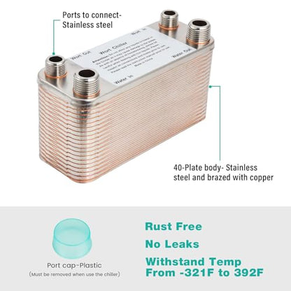 Wort Chiller 40 Plates, Brazed Plate Copper Heat Exchanger for Homebrew, Stainless Steel 7.5" x 2.9" Plate, 1/2 & 3/4 NPT Thread Connection Hot Liquid Accelerated Cooler Quick Beer Cooling System