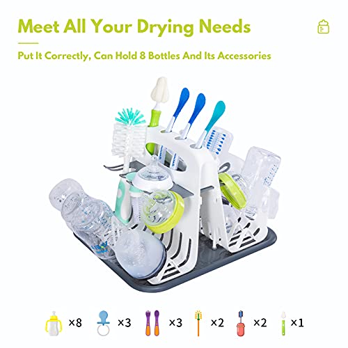 CAREBABYMORE High Capacity Drying Rack with 5pcs Brushes, Deluxe Countertop Drying Rack, Universal Drying Station, Baby Bottle Drying Rack with Bottle Brushes, White