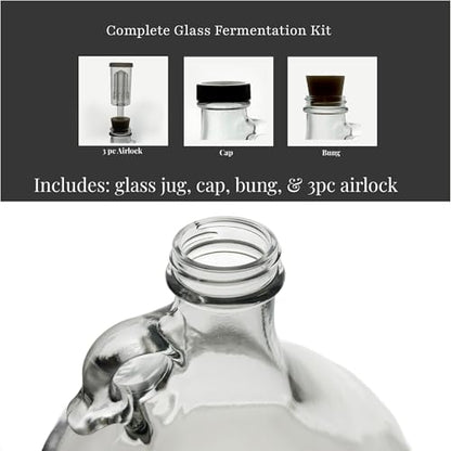 North Mountain Supply 1 Gallon Glass Fermenting Jug with Handle – Includes #6.5 Rubber Stopper, 3-Piece Airlock & Black Plastic Lid – Made in the USA