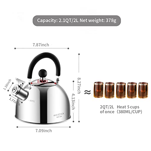 304 Stainless Steel Whistling Tea Kettle 2.1 Quart/2L, Suitable to Boiling Water & Tea on Induction Stove, Gas Stove Top - color: Silver, size: 2.1 Quarts