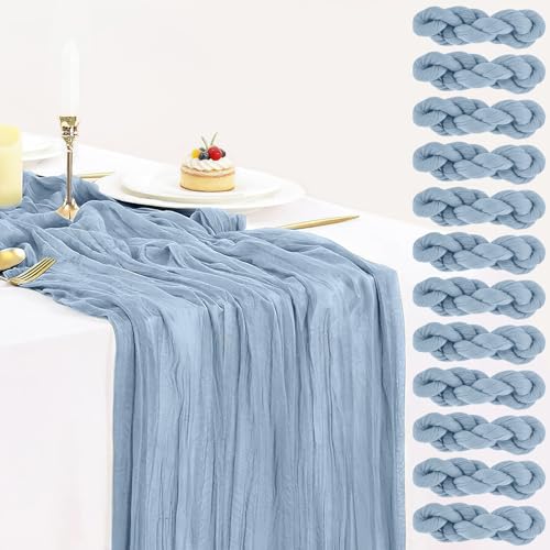 12 Pack Dusty Blue Cheesecloth Table Runners 35x120 Inch, Semi Sheer Boho Gauze Cheese Cloth Fabric Table Runners for Wedding Party Baby Shower Home Decorations - color: Dusty Blue, size: 10ft x 12pcs