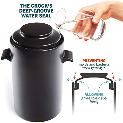 HomeBuddy Fermentation Crock (1 Gallon) with Weights, Acacia Wood Pounder and Recipie Book - Sauerkraut Fermentation Kit, Onggi Kimchi Jar, Fermenting Crock for Pickling or Sourdough - color: Black