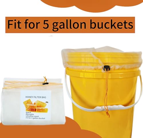 SPMKTQK Honey Strainer, 4 Pcs Honey Filter Bag Ultra-Fine Mesh Strainer with Adjustable Drawstring, Beginner Honey Extractor Equipment in a 5 Gallon Bucket, Bee Supplies Reusable and Washable