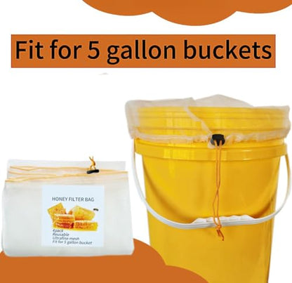 SPMKTQK Honey Strainer, 4 Pcs Honey Filter Bag Ultra-Fine Mesh Strainer with Adjustable Drawstring, Beginner Honey Extractor Equipment in a 5 Gallon Bucket, Bee Supplies Reusable and Washable