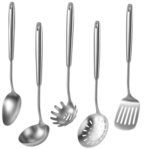 5 Pcs Newness Cooking Utensils Set, 304 Stainless Steel Kitchen Utensils Set, Metal Kitchen Accessories, Include Soup Ladle, Slotted Skimmer Spoon, Spaghetti Spoon and Spatula, Dishwasher Safe - size: 5 PCS Cooking Utensils Set
