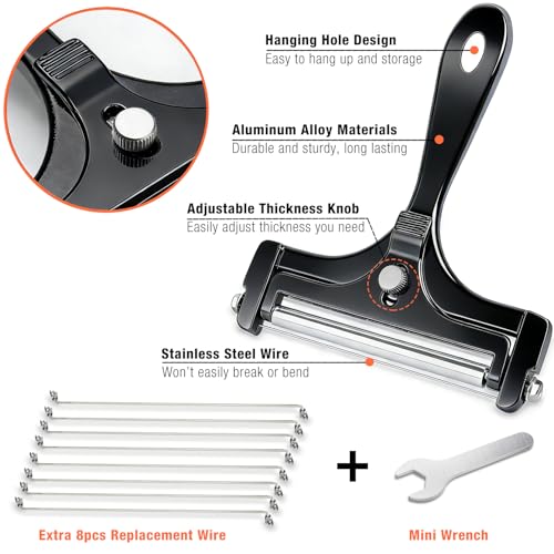 Cheese Slicer, AIDOIT Stainless Steel Wire Cheese Slicer, Adjustable Thickness Cheese Cutter with 8 Extra Wires for Soft, Semi-hard, Hard Cheeses, Black - color: Black