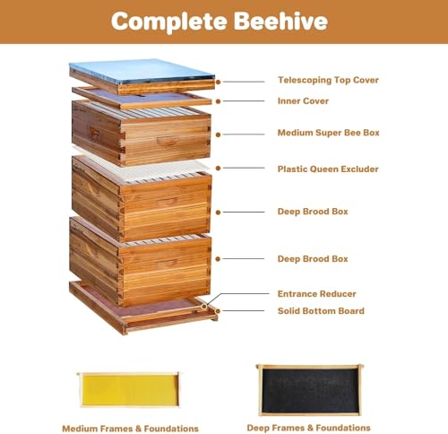 Bee Hive Box 10 Frame-Bee Hive Boxes with Honey Spout,Langstroth Beehive Box,Wax-Coated Complete Honey Bee Hives Boxes Starter Kit with Deep & Medium Boxes