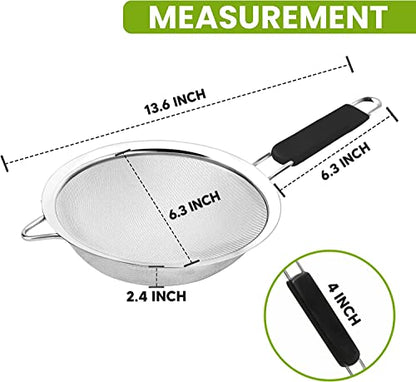 Fine Mesh Strainer with thermo plastic rubber handle - Sieve Fine Mesh Stainless Steel - Ideal to Sift Flour, Icing Sugar, Fruits and Vegetables (6.3 Inches) - size: 6.3 Inches - TPR