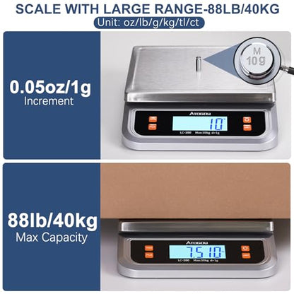 Atogou 88lb Food Scale, Commercial Kitchen Scale Plug-in Usable with Full View LCD Display, Stainless Steel, for Baking, Bread, Cooking, Meat, Vegetables, Farm, Industry LC200 Silver - size: Silver 88 lb (40 kg)