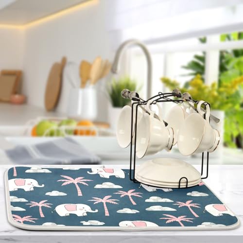 Elephant Coconut Tree Dish Drying Mat for Kitchen Counter Super Absorbent Draining Mat with Non-slip Backed Dish Drying Pad for Dish Bottles Cups Bowl Draining Racks Countertops Sinks
