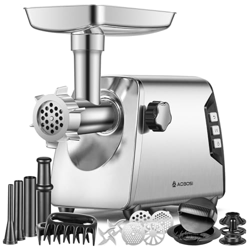 AAOBOSI #12 Meat Grinder, [3000W] 3 Speed Meat Grinder Heavy Duty: Built-in Storage Box, 2 Blades,4 Plates,3 Sausage Stuffers,Kibbe Kit,Meat Claw & Burger Press, for Home & Kitchen Use - color: Metal Sliver