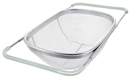 AJIODA Over The Sink Colander, 6 Quarts Stainless Steel Oval Colander with Expandable Rubber Grip Handle, Fine Mesh Strainer Baskets Kitchen Colanders for Strain, Drain, Rinse Vegetables, Mint Green - color: Mint Green, size: Large