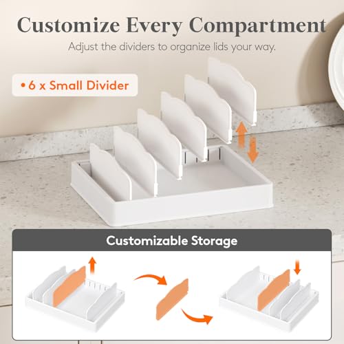 Lifewit Kitchen Cabinet Organizer for Food Contanier Lid, Lid Holder with 6 Adjustable Dividers & 7 Sections for Pantry Organizers and Storage, Home Drawer Organization, Large, 13" x 10" - size: Large(13" x 10")