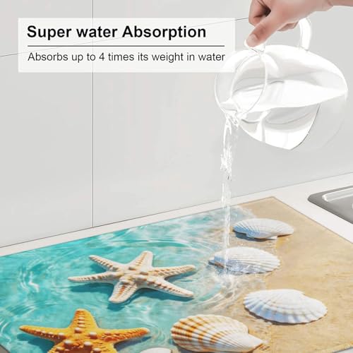 Ocean Sea Dish Drying Mat for Summer Kitchen Counter, Microfiber Absorbent Beach Dish Draining Mat Extra Large 18"x24" - color: Sea