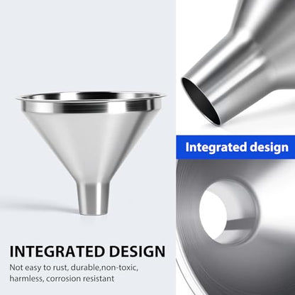 4-Piece Stainless Steel Kitchen Funnel Set, Includes 3 Funnel Sizes and 1 Strainer. Ideal for transferring seasonings, Oils, Liquids, Dry Goods and Powders. Durable and Easy to Clean.