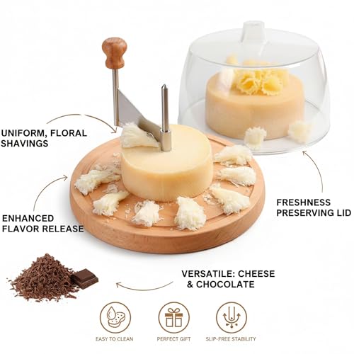 Cheese Curler Wheel with Lid - Stainless Steel Girolle Cheese Shaver Tool with Wood Base - Round Floral Slicer Maker for Tête de Moine, Hard Cheeses & Chocolate