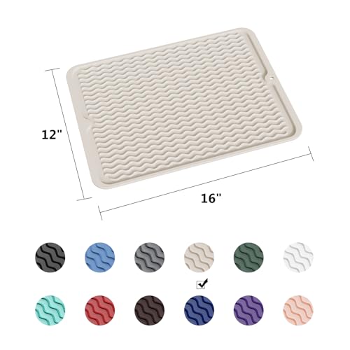 ZLR Silicone Dish Drying Mat for Kitchen Counter (12" x 16" / 307 x 405mm) - Large Fast-Dry Drainer Mat with Raised Wavy Ridges & 5mm Lip - Non-Slip, Heat Resistant 450°F, BPA-Free (Cassava White) - color: Cassava White, size: 16" x 12"