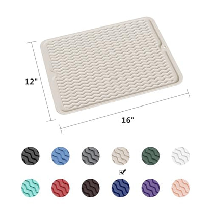 ZLR Silicone Dish Drying Mat for Kitchen Counter (12" x 16" / 307 x 405mm) - Large Fast-Dry Drainer Mat with Raised Wavy Ridges & 5mm Lip - Non-Slip, Heat Resistant 450°F, BPA-Free (Cassava White) - color: Cassava White, size: 16" x 12"