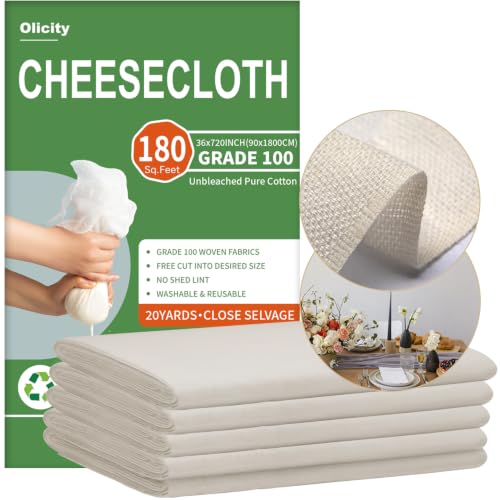 Olicity Cheese Cloth Roll,Grade 100,3x60Ft, 180 Sq Feet,Reusable Cheese Cloth Closed Edges Fabric Fine Mesh Cloth,Unbleached Cotton Muslin Bulk Cheesecloth Roll for Straining,Cooking,Crafts - 20 Yards