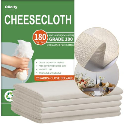 Olicity Cheese Cloth Roll,Grade 100,3x60Ft, 180 Sq Feet,Reusable Cheese Cloth Closed Edges Fabric Fine Mesh Cloth,Unbleached Cotton Muslin Bulk Cheesecloth Roll for Straining,Cooking,Crafts - 20 Yards