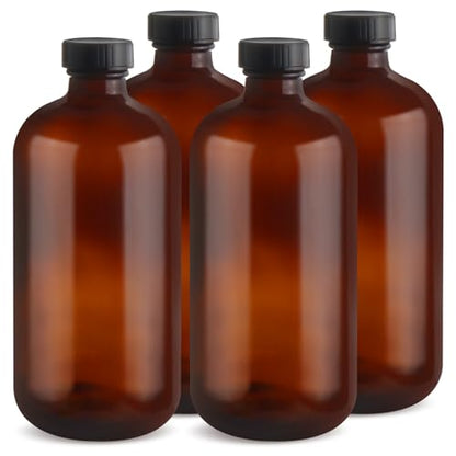 480ml/16oz Amber Glass Bottles Brown Round Bottle Containers with Black Leak Proof Seal Caps for Homemade Essential Oils Lab Home Kitchen - 4 Pcs - color: 4 Pcs