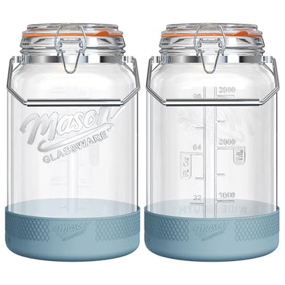2 Packs 1 Gallon Glass Jars with Airtight Lids, Wide Mouth Mason Jars with Clip Top & Stainless Steel Handle & Silicone Base, Glass Storage Containers for Kitchen Storage, Pickling-Dual Scale - size: 1 Gallon/Glass Lid