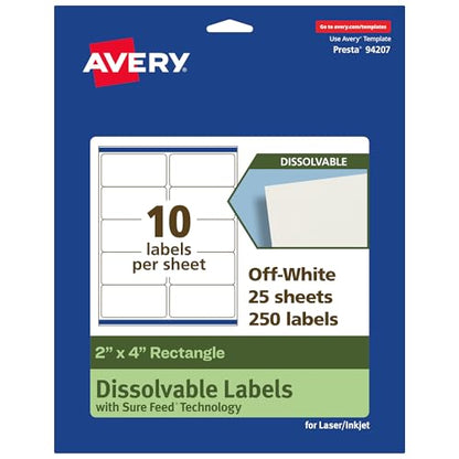 Avery Dissolvable Rectangle Labels, Sure Feed Technology, 2" x 4", Matte White, Laser/Inkjet Printable, 250 Labels Total, Freezer-Safe, Microwave-Safe, Refrigerator-Safe - style: 250 labels