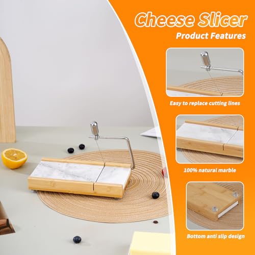 Tianman Cheese Slicer Cheese Cutter with 4 Replacement Cutting Wire,Heavy Duty 8.27"x 4.4",Marble Board Cheese Slicer for Block Cheeses, Butter,Cakes and More(White Grey) - color: White