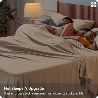 Bedsure PureWoven 100% Rayon Derived from Bamboo, Queen Sheets, 4 Pieces | Cooling Sheets for Hot Sleepers, Breathable & Silky Soft, 16" Deep Pocket, Hotel Luxury Bedding, Beige - color: 03 - Beige, size: Queen