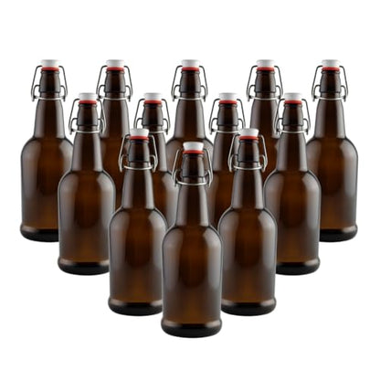 FastRack Swing Top Glass Bottles 16 oz – Pack of 12 | Amber Flip Top Glass Bottles with Airtight Lids | Resealable Grolsch-Style Fermentation Bottles for Kombucha, Beer, Mead, Soda, Vinegar & Water - color: Amber
