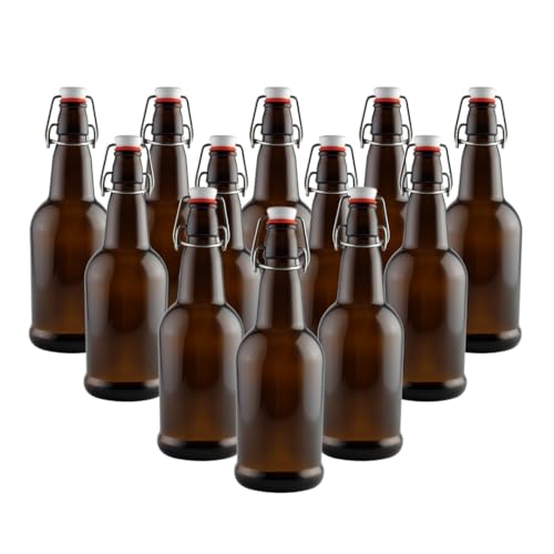 FastRack Swing Top Glass Bottles 16 oz – Pack of 12 | Amber Flip Top Glass Bottles with Airtight Lids | Resealable Grolsch-Style Fermentation Bottles for Kombucha, Beer, Mead, Soda, Vinegar & Water - color: Amber