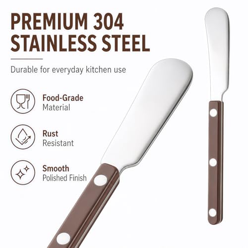 4PCS Stainless Steel Butter Knives Set: 6.3 Inch Cheese Spreader 304 Stainless Steel with Ergonomic Handle for Cheese, Butter & Jam (brown) - color: brown